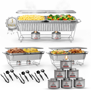 Three-pack of metal food warmers with candles and utensils on a white background