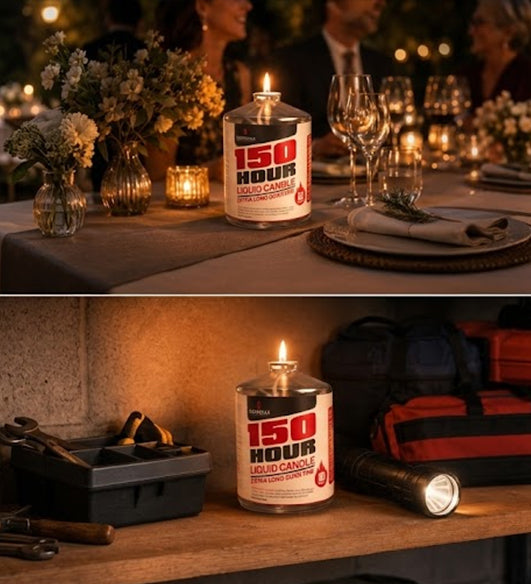 150-hour liquid candle on a table with decorative elements and a close-up of the candle.